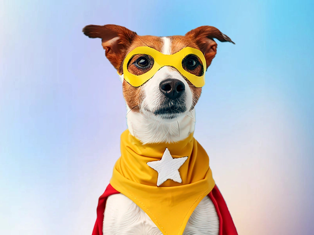 Jack Russell in superhero outfit representing Powr Pups supplement for hormone support in spayed and neutered dogs